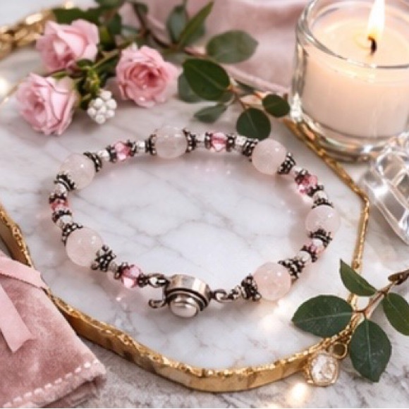 Vintage Artisan Rose Quartz Sterling Silver Beaded Bracelet Pink Crystal - Picture 6 of 12